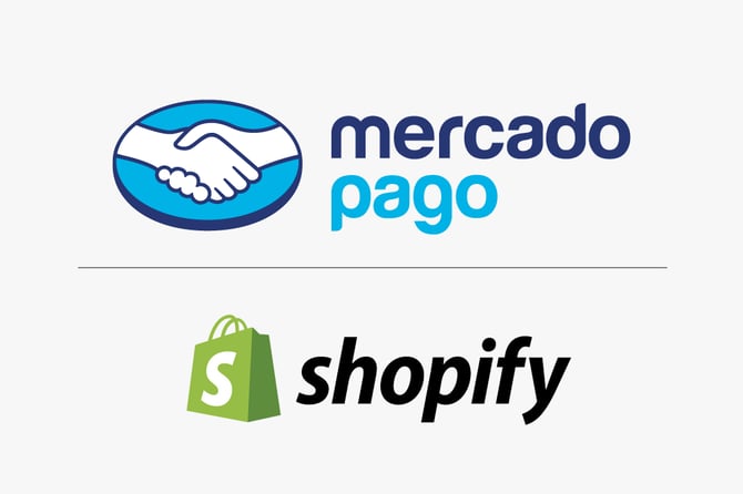 Logo do Mercado Pago e da Shopify para falar da integração de ambas as plataformas, graças ao novo checkout transparente do Mercado Pago
