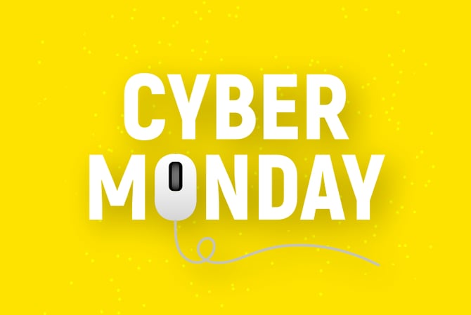 Mercado Pago: fundo amarelo escrito “Cyber Monday”, sendo que a letra O é um mouse de computador