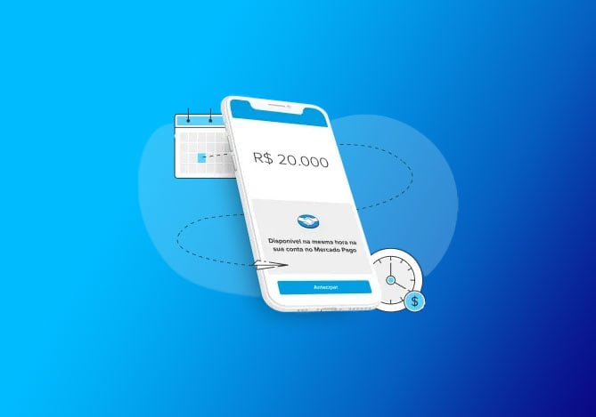 Mercado Pago: imagem vetorizada de um celular indicando a solicitação de um empréstimo Mercado Pago. Na imagem há a indicação do valor de “R$20.000(vinte mil reais)”, junto com a mensagem “disponível na mesma hora na sua conta no Mercado Pago” e um botão com o comando “antecipar”, simulando as etapas do aplicativo.