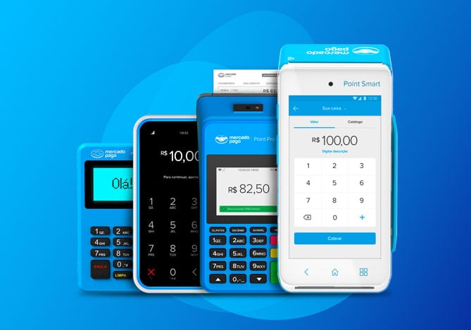 Diversos modelos da Maquininha Point Mercado Pago exibidos em fundo azul, destacando opções para pagamentos rápidos, seguros e versáteis para empresas.