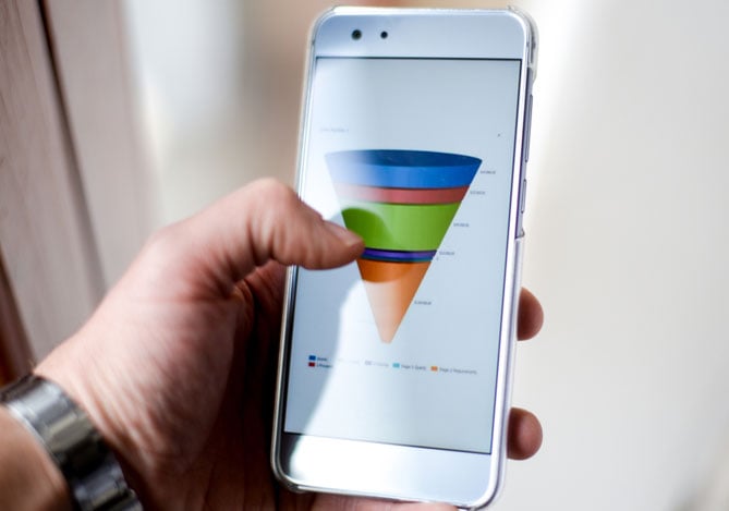 Mercado Pago: mão segurando um celular branco com uma imagem do funil de vendas bem delimitado: topo azul; fase seguinte é menor e em vermelho; o meio é grande e verde; tem uma pequena faixa roxa abaixo; o fundo do funil é grande e laranja.