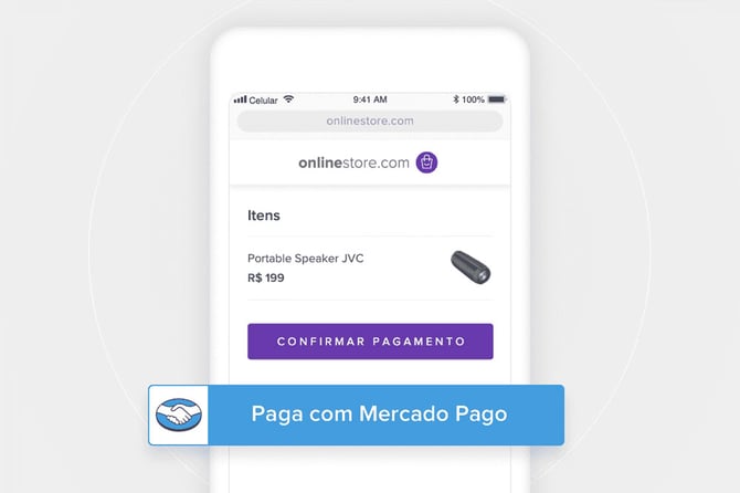 Ilustração de um smartphone com a tela aberta no processo de checkout de pagamento de um e-commerce e considerando as funcionalidades que a carteira Mercado Pago oferece