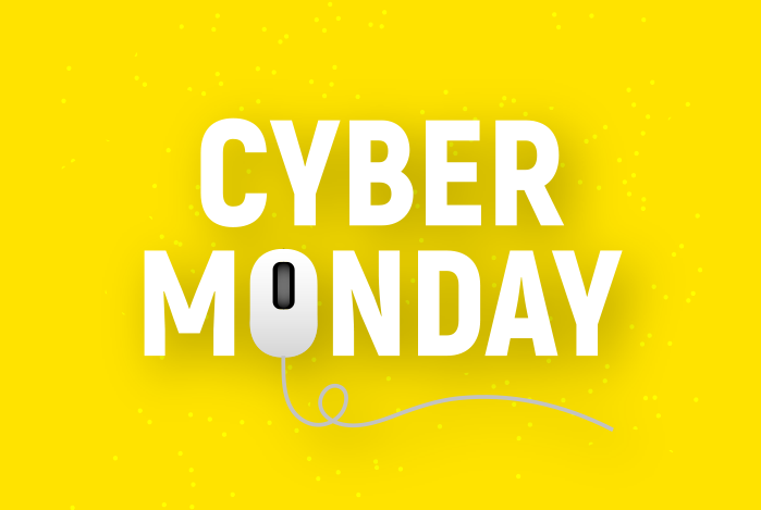 Mercado Pago: fundo amarelo escrito “Cyber Monday”, sendo que a letra O é um mouse de computador