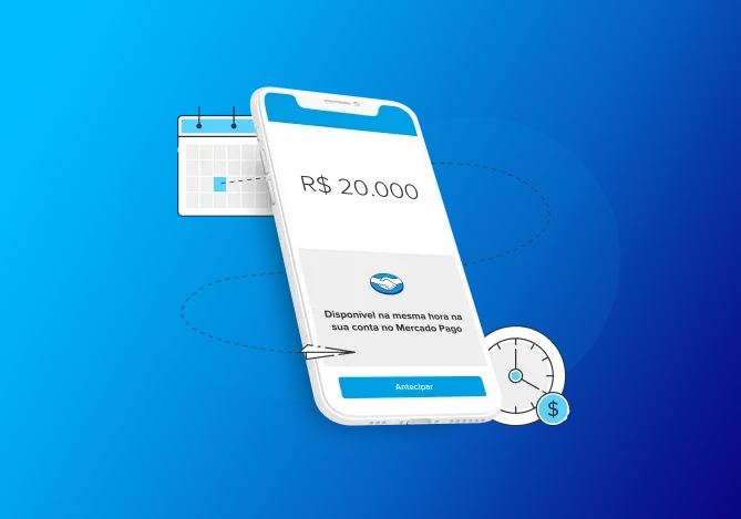 Imagem ilustrativa com fundo azul, um calendário e cronômetro flutuantes em um celular com a página do Empréstimo Mercado Pago aberta com valor e mensagem do banco digital. 