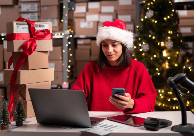 Mercado Pago: imagem de uma empresária vestindo um agasalho vermelho e um gorro de papai noel sentada à mesa de trabalho enquanto analisa suas métricas de vendas. Na mesa, há um notebook aberto e em uma das mãos, a mulher segura um celular para verificar em seu relatório de vendas quais meios de pagamento mais foram utilizados pelos clientes de sua loja. Ao fundo da imagem, é possível ver estantes com caixas de produtos embalados para venda e uma árvore de Natal como decoração.