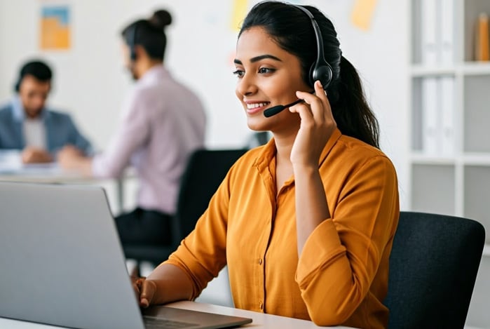 Mercado Pago: mulher sentada à mesa de escritório, com notebook à sua frente e headphone na cabeça para prestar suporte ao cliente. 